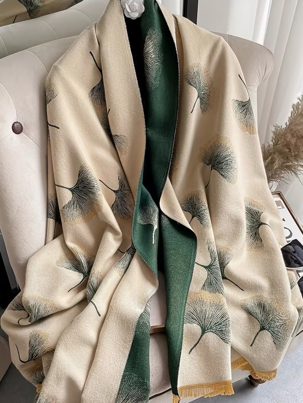 Reversible cashmere wool blend Cream and Green Botanical Shawl Wrap